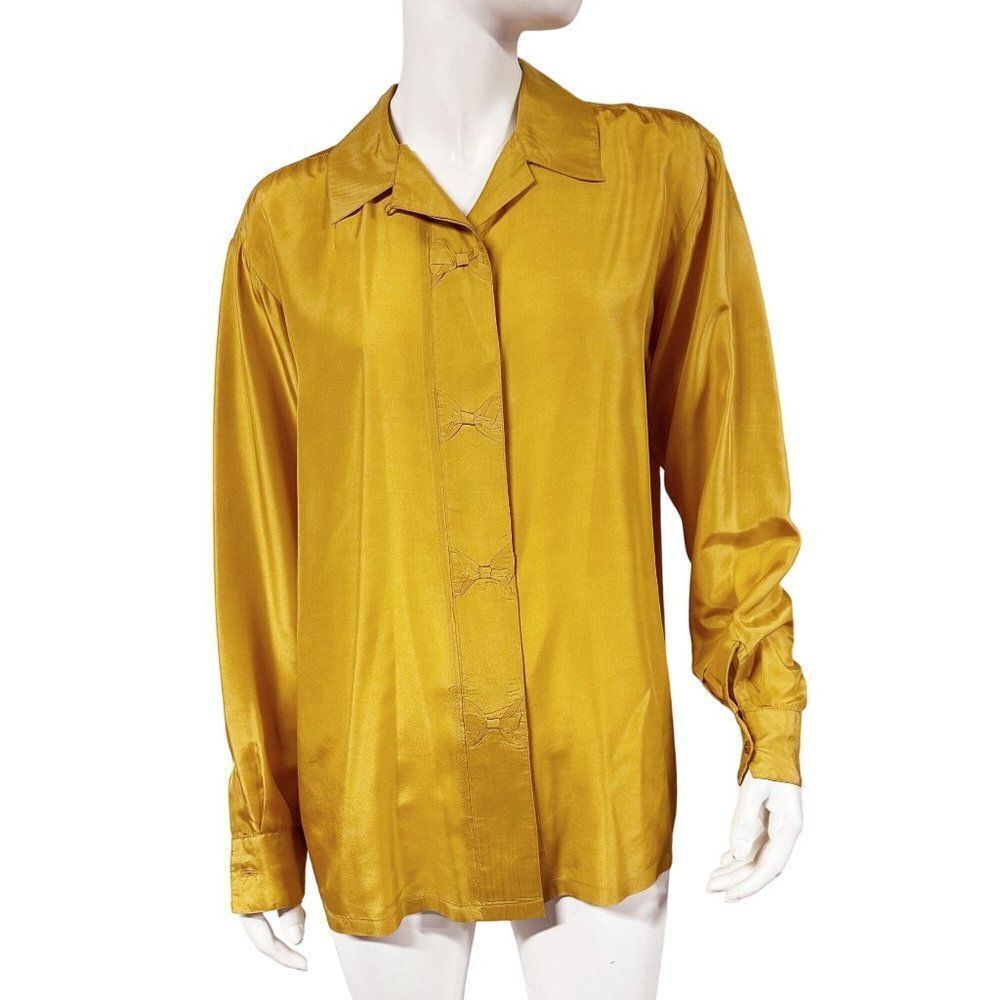 Vintage Mustard Silk Button Front Shirt Bow Details Daniel Caron Size S Small